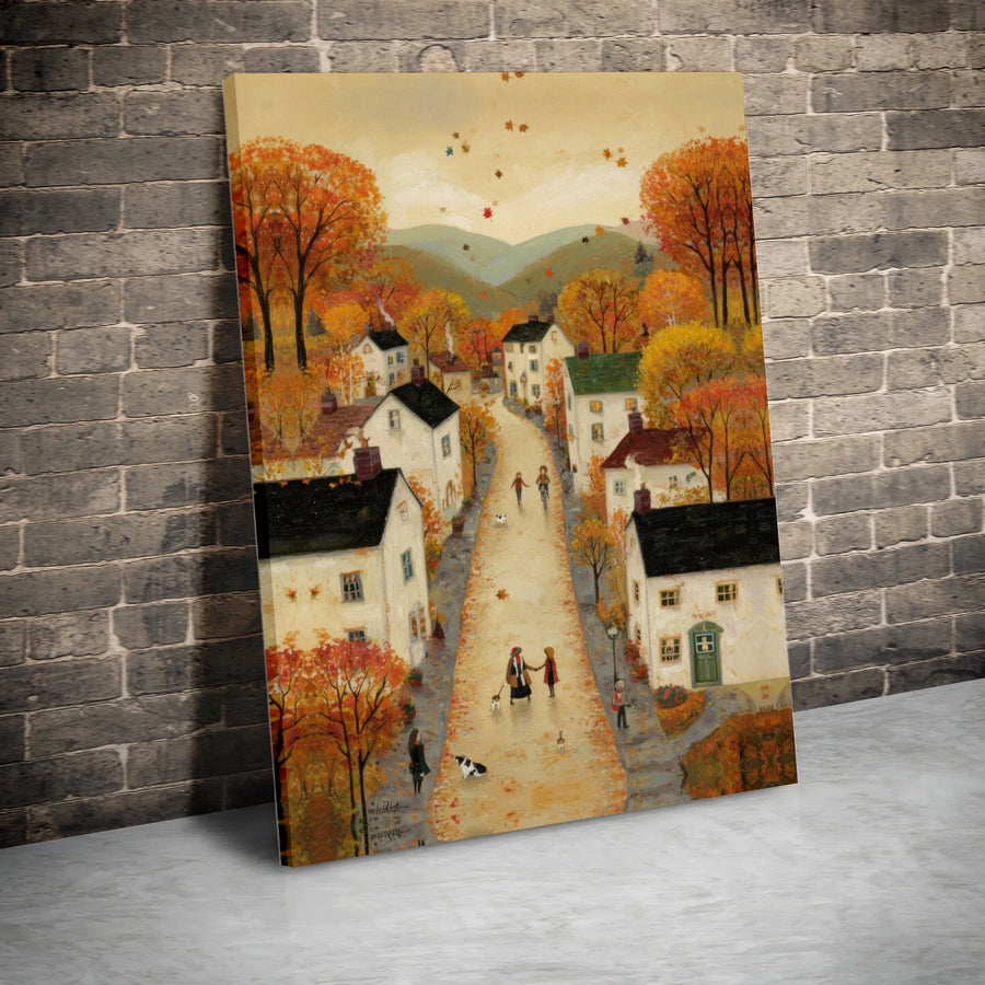 Autumn Village Canvas Wall Art | Rustic Folk Art Landscape with Cozy Street Scene | Premium Canvas Print | Housewarming Gift for Home Decor