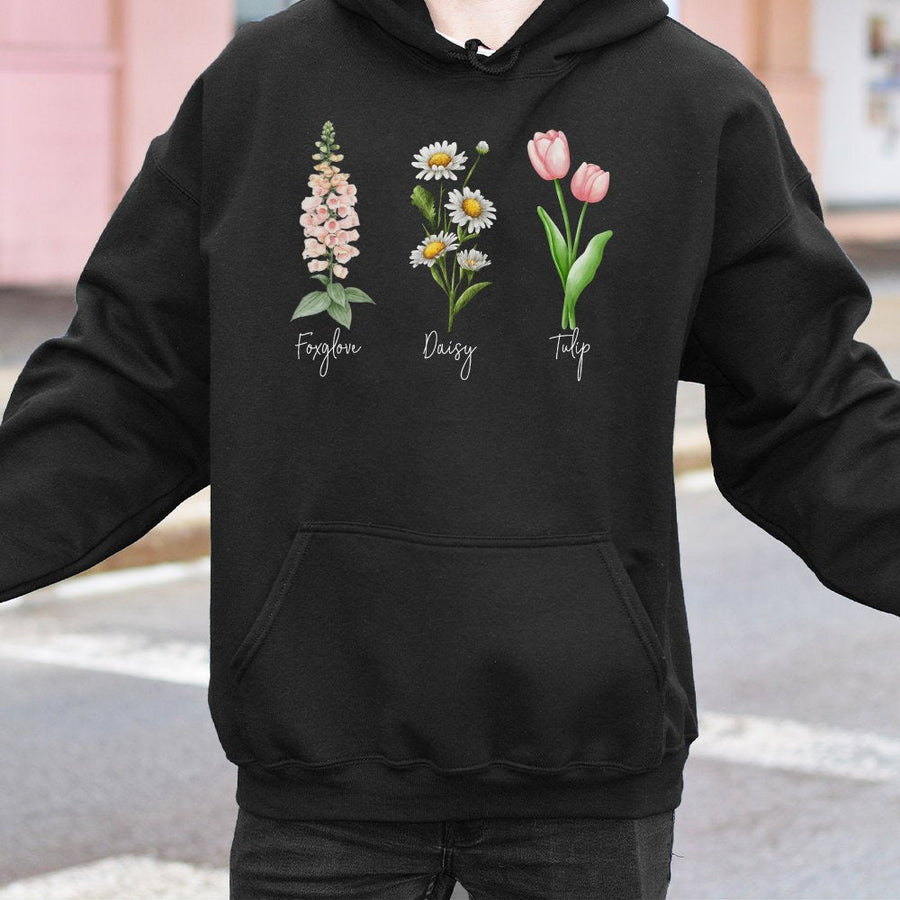 Botanical Flower Hoodie | Foxglove Daisy Tulip Floral Illustration | Premium Cotton-Poly Blend | Cozy Garden Aesthetic Gift for Nature Lovers