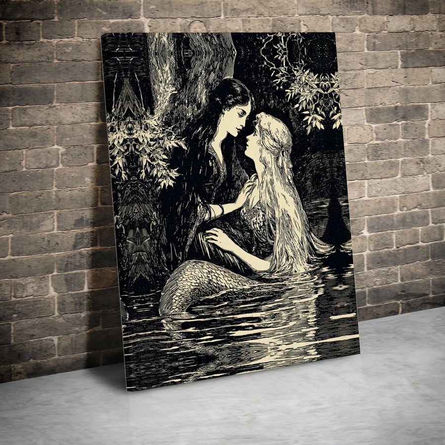 Mermaid and Woman Romantic Embrace Wall Art | Vintage Victorian Illustration Style | Premium 1.25" Gallery Canvas | Romantic Gothic Home Decor Gift