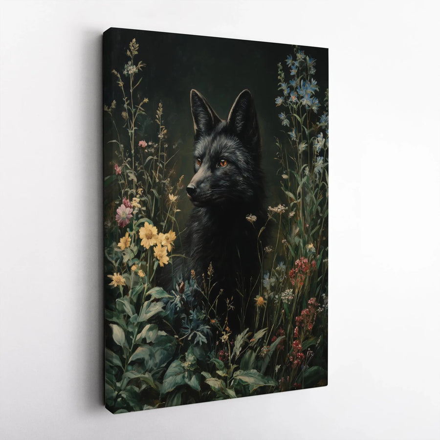 Black Fox Canvas Wall Art | Moody Wildflower Botanical Painting | Premium 1.25 Inch Gallery Wrap | Woodland Animal Nature Decor for Home