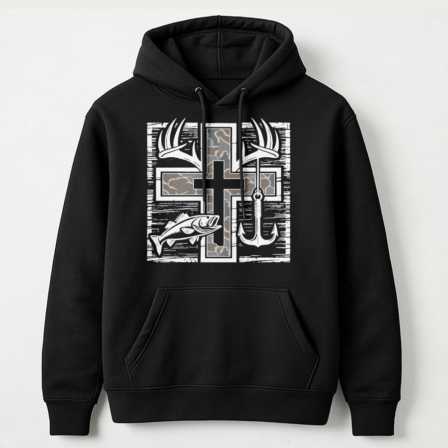 Fishing Hunting Cross Hoodie | Camo Deer Antler Graphic Print | Premium Cotton Blend | Gift For Outdoorsman Sportsman Hunter