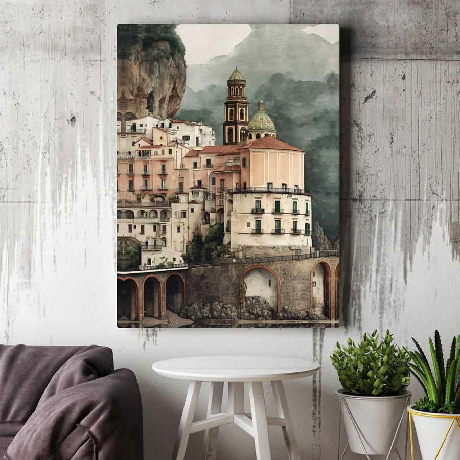 Amalfi Coast Canvas Wall Art | Watercolor Italian Village Scene | Premium Thick Gallery Wrap | Italy Travel Lover Gift & Home Decor