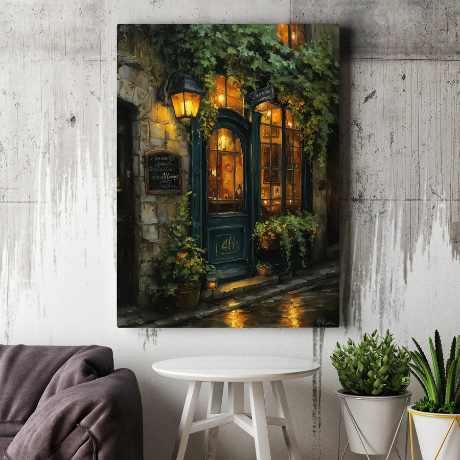 Parisian Street Cafe Canvas Print | Cozy Night Storefront with Warm Glowing Lanterns | Gallery-Quality Thick Wrap | Aesthetic Home Decor Gift