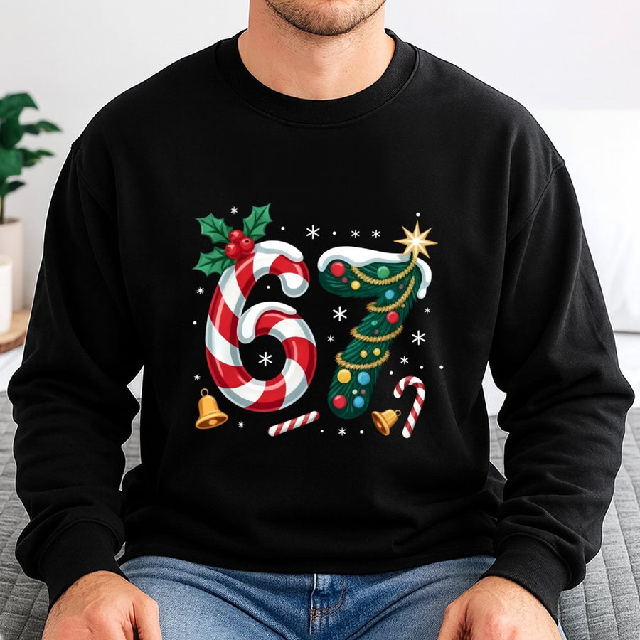 67th Birthday Christmas Sweatshirt | Candy Cane and Holiday Tree Number Design | Soft Cotton Blend Fleece | Festive Party Gift for Him or Her