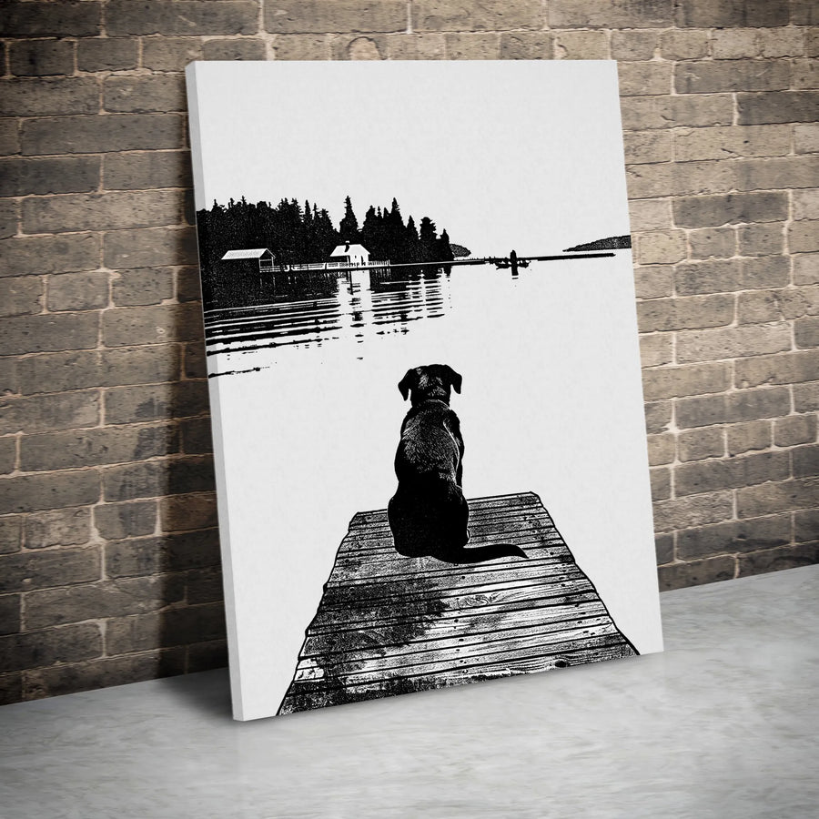 Black Labrador Dog on Dock Canvas Art | Lake House Landscape Print | Premium 1.25-Inch Gallery Wrap | Minimalist Nature Wall Decor Gift