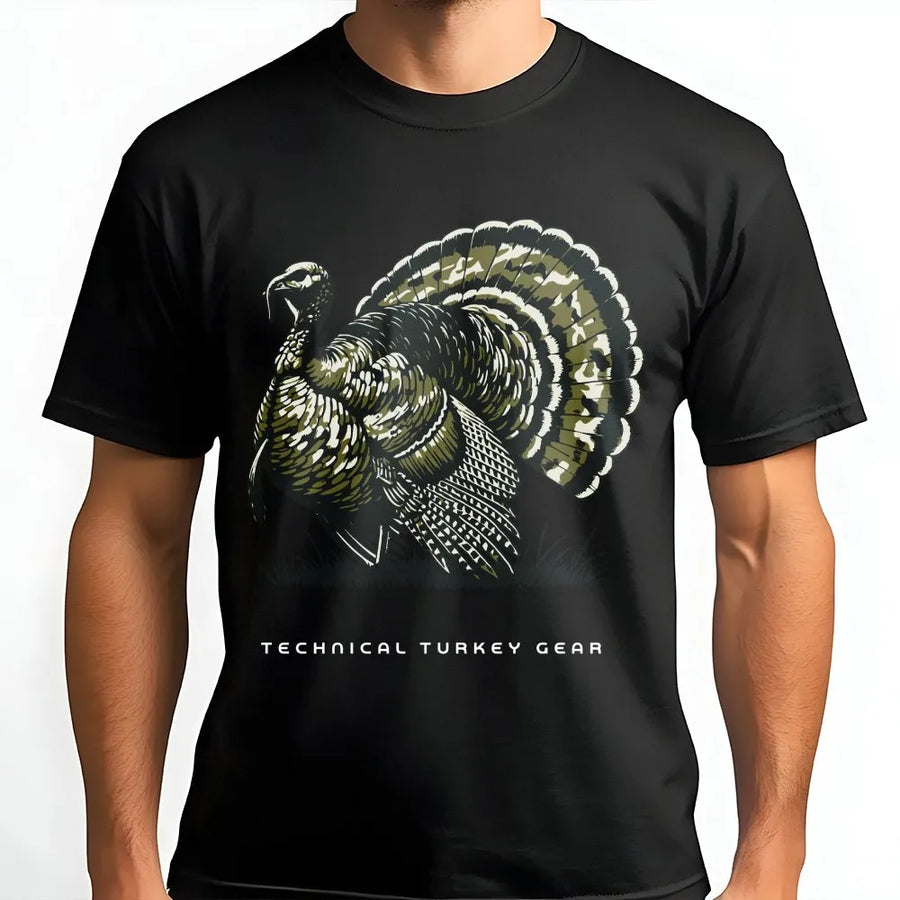 Turkey Hunting T-Shirt | Vintage Strutting Gobbler with Camo Feathers Graphic | Premium Cotton Tee | Outdoorsman Gift for Hunters