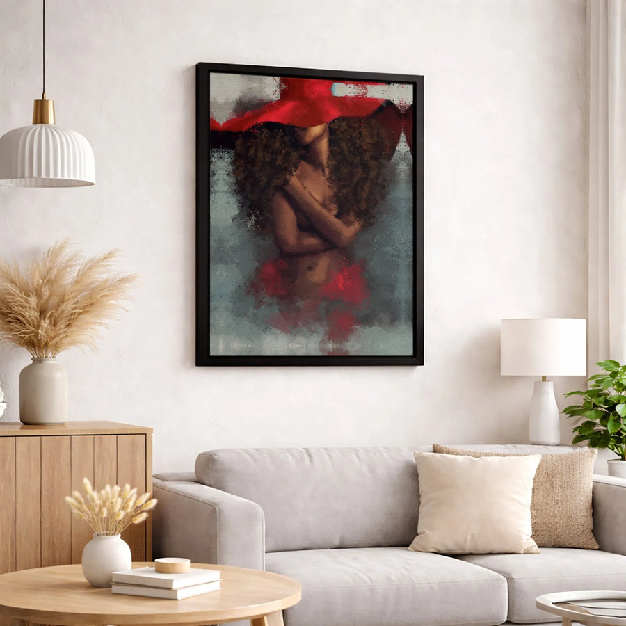 Abstract Black Woman Canvas Art | Elegant Curly Hair In Red Hat Portrait | Premium Fade-Resistant Print | Sophisticated Home Decor Gift