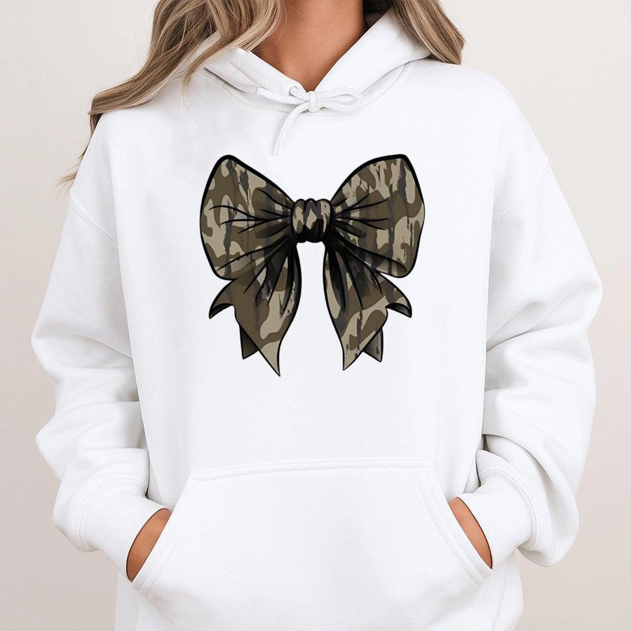 Camo Bow Hoodie | Trendy Coquette Aesthetic Graphic | Premium Cotton Blend Comfort | Cute Fall Sweatshirt Gift for Women