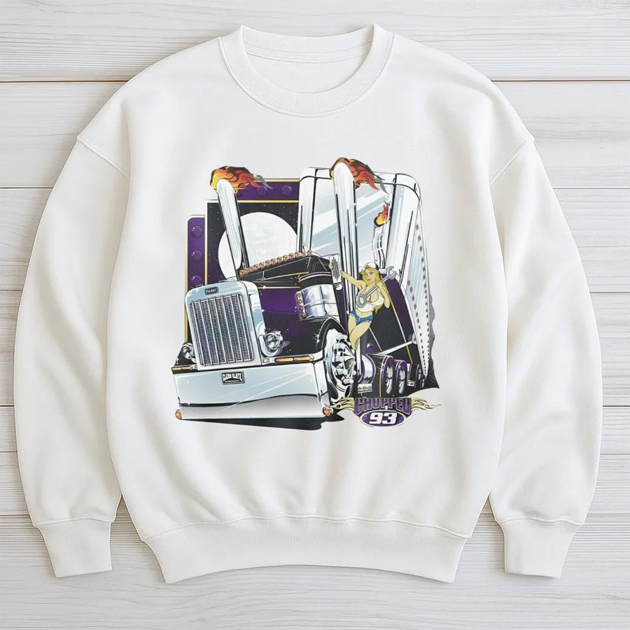 Semi Truck Graphic Sweatshirt | Vintage Pin Up Girl And Big Rig Design | Premium Cotton Blend | Gift For Truck Driver And Heavy Hauler Enthusiast