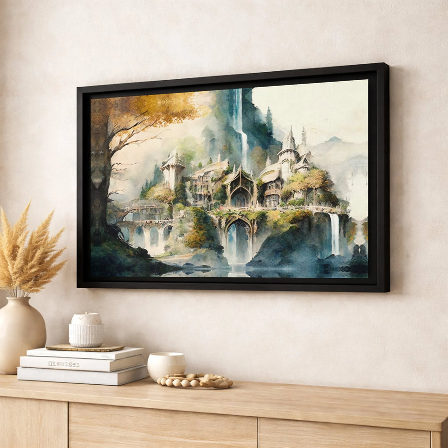 Elven Fantasy Castle Wall Art | Watercolor Waterfall Landscape Print | Premium 1.25 Inch Thick Canvas | Gift for Fantasy Readers & Dreamers