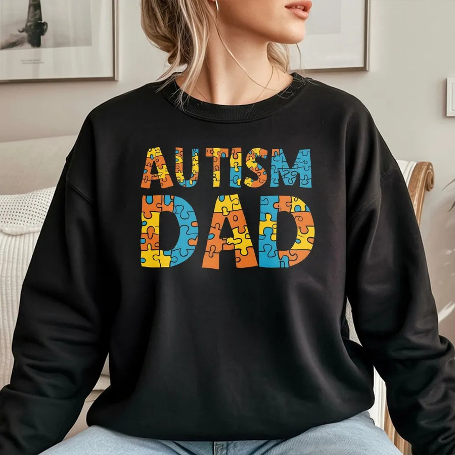 Autism Dad Sweatshirt | Colorful Puzzle Piece Graphic Design | Premium Cotton Blend Crewneck | Proud Father Autism Awareness Gift