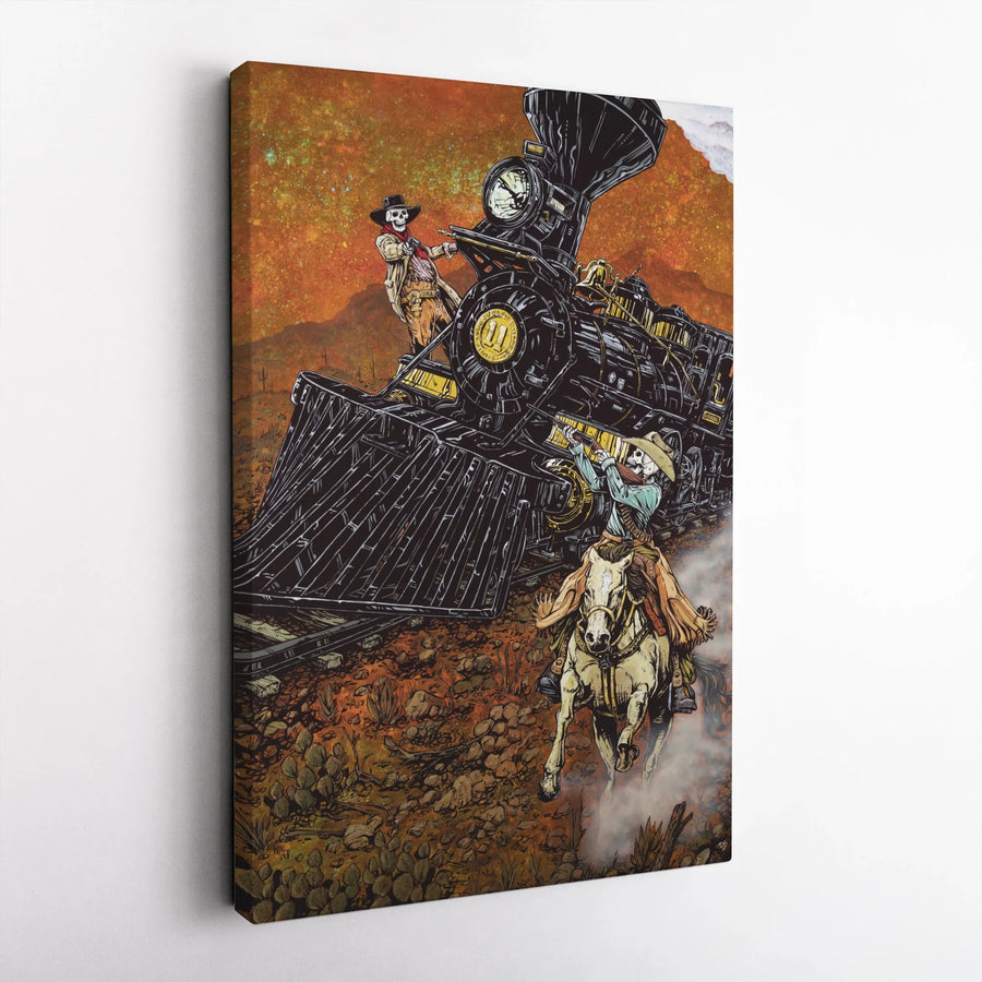 Western Skeleton Train Heist Canvas | Dia de los Muertos Outlaw Art | Premium Gallery Wrapped Canvas | Collector's Gift for Western & Gothic Decor