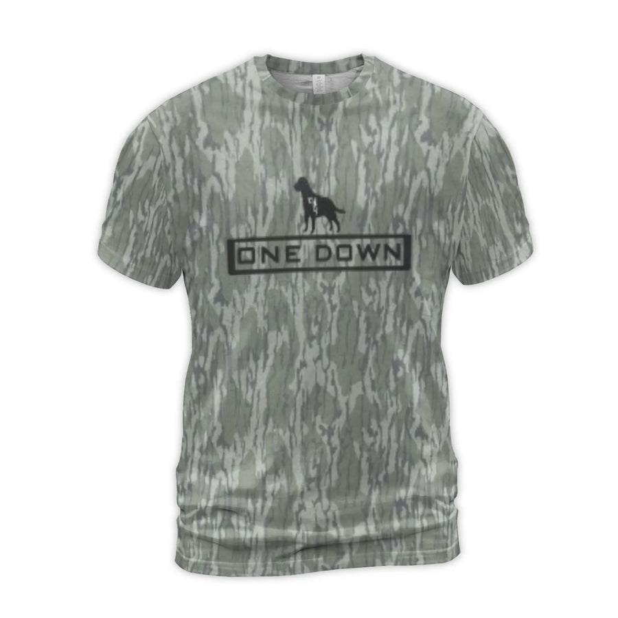 One Down Dog Camo T-Shirt | 3D All-Over Print Graphic Tee | Premium Polyester Blend | Outdoor Sports Apparel Gift for Hunters