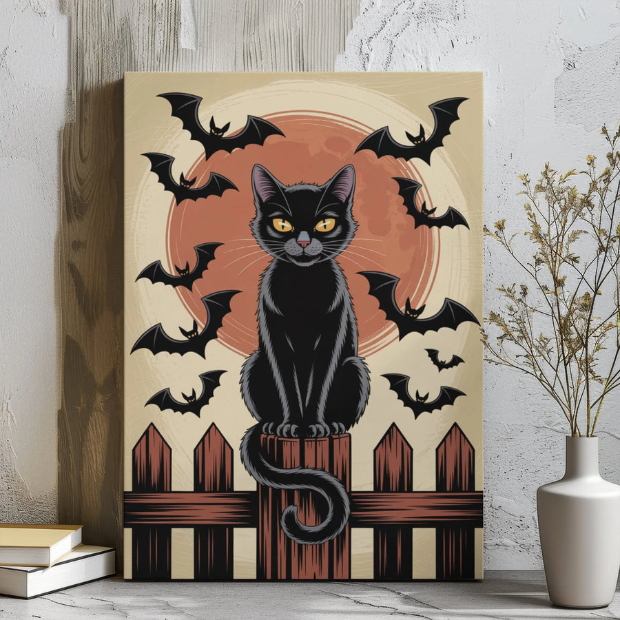 Black Cat Halloween Canvas Wall Art | Vintage Moon & Bats Illustration | Premium Gallery Wrap Canvas | Spooky Home Decor Gift for Cat Lovers