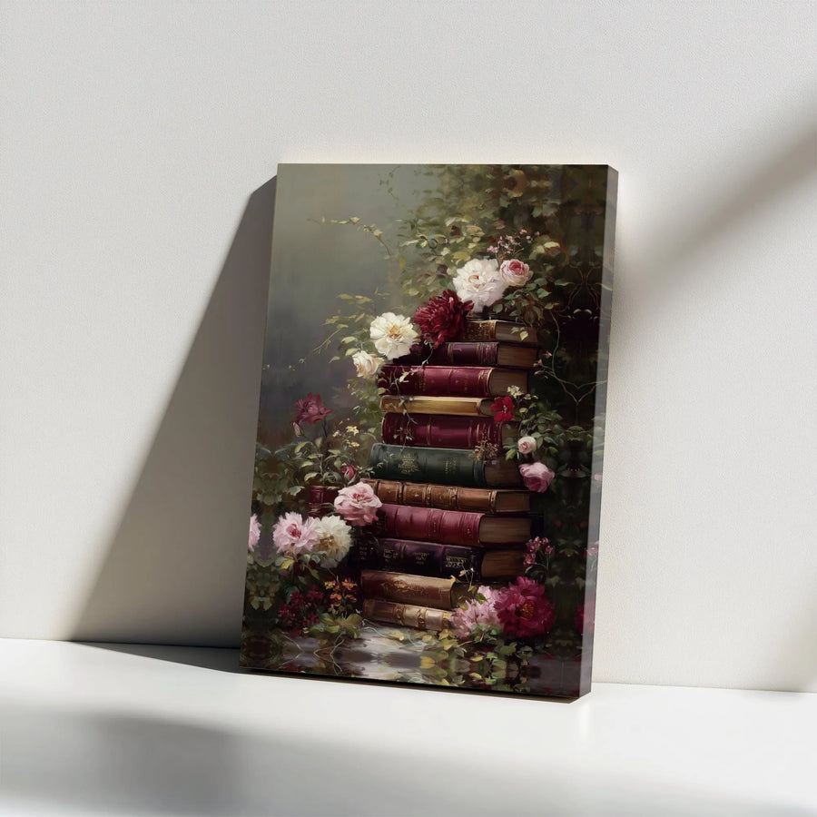 Dark Academia Books Canvas Wall Art | Vintage Floral Bookstack Painting | Premium Gallery Wrapped Canvas | Unique Gift for Book Lover and Reader