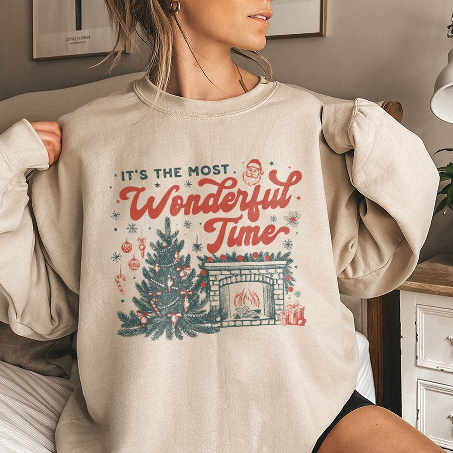 It's The Most Wonderful Time Sweatshirt | Retro Christmas Tree Fireplace Graphic | Premium Cotton Blend | Unisex Holiday Gift For Family
