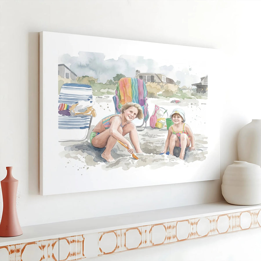 Beach Sisters Watercolor Horizontal Canvas | Children Playing in Sand Art | Premium 1.25" Gallery Wrap | Nostalgic Coastal Decor Gift for Grandparents