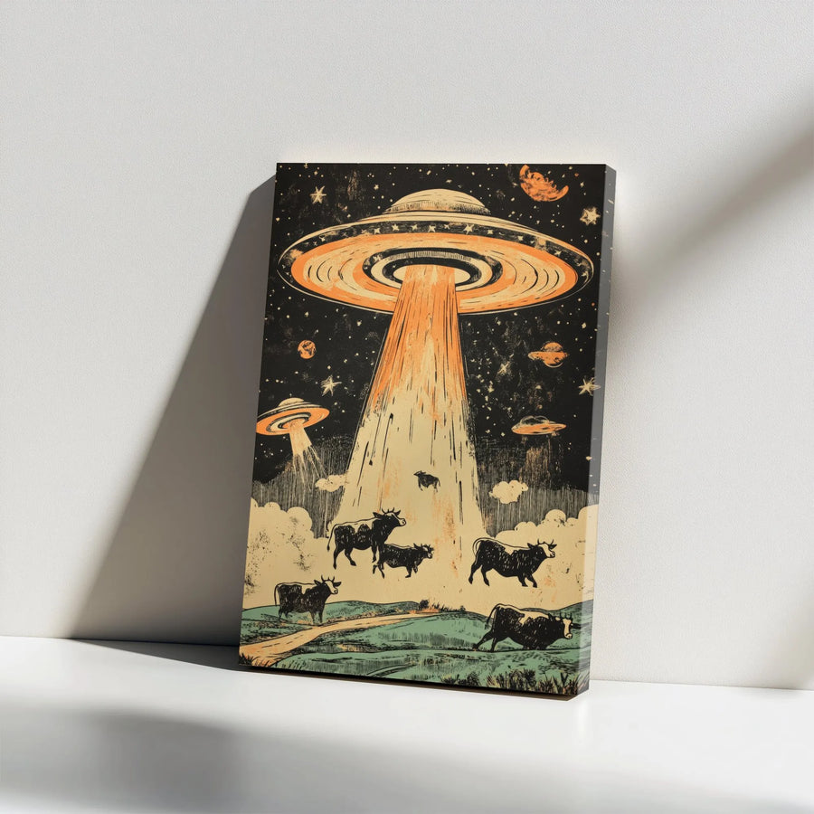 UFO Alien Abducting Cows Canvas Wall Art | Vintage Sci-Fi Space Print | Premium Gallery Wrap | Unique Gift for Astronomy and Alien Enthusiasts
