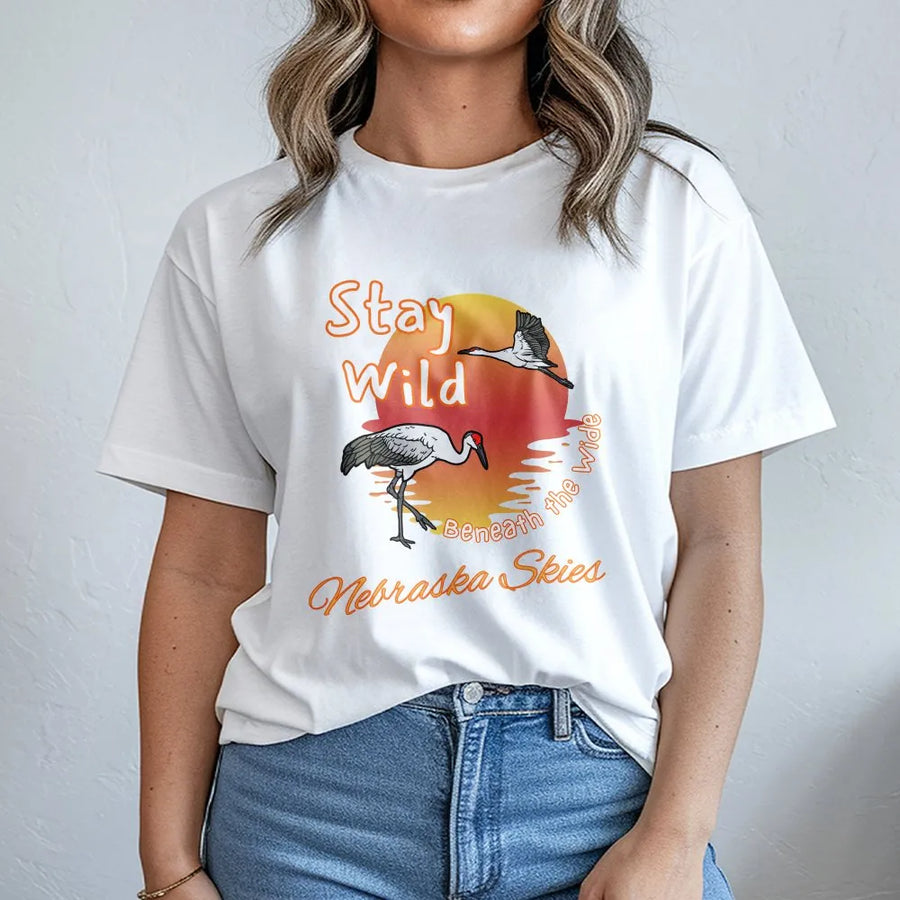 Nebraska Sandhill Crane T-Shirt | Stay Wild Sunset Graphic | Premium Cotton Tee | Gift for Nature Lover