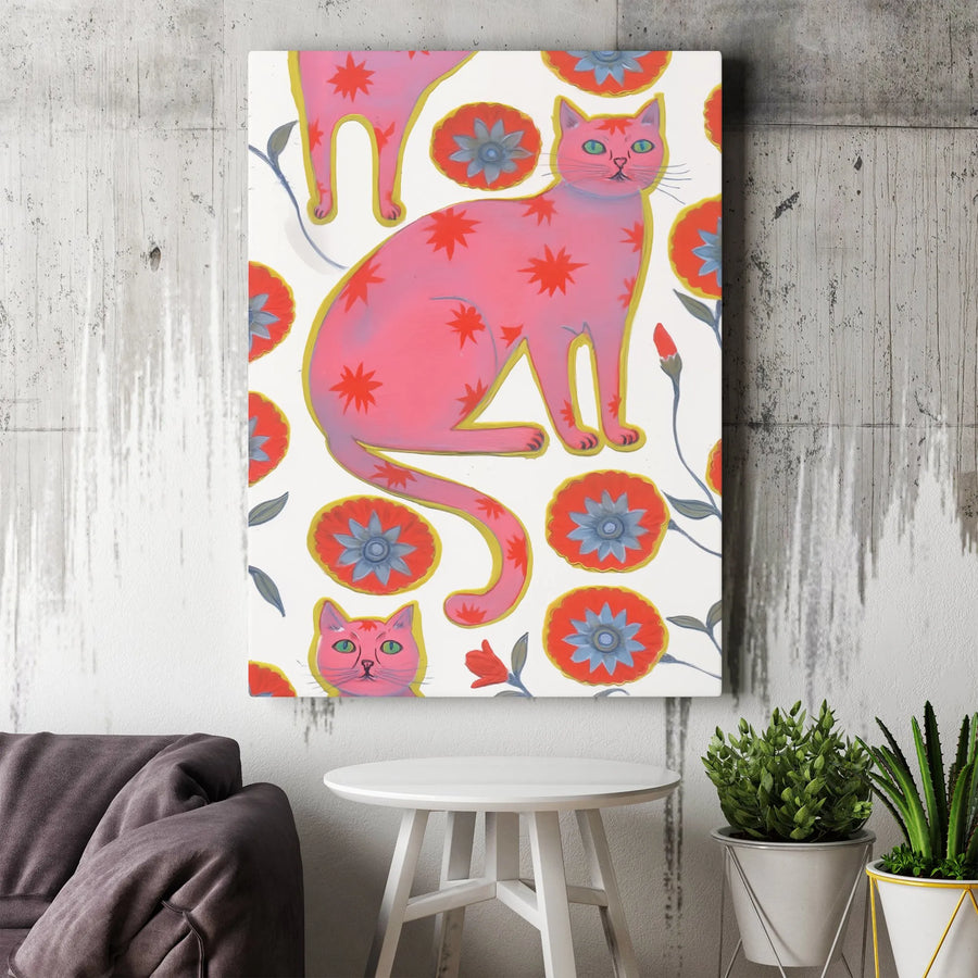 Pink Cat Wall Art | Folk Art Floral Star Pattern Canvas | 1.25-Inch Gallery Wrap Print | Whimsical Animal Decor Gift for Cat Lovers