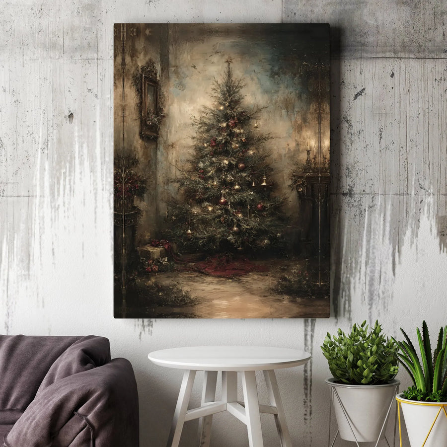 Vintage Christmas Tree Canvas Wall Art | Moody Oil Painting Style | Premium Gallery Wrap Decor | Holiday Home Gift