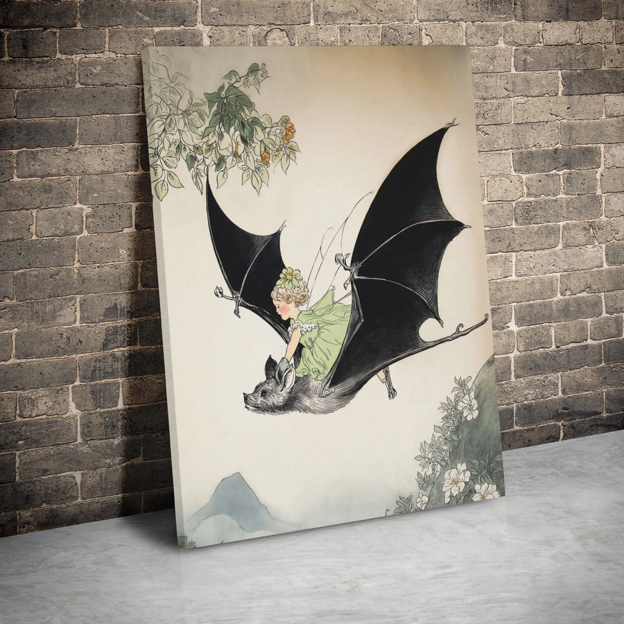 Fairy Riding A Bat Canvas | Whimsical Vintage Illustration | Premium Gallery Wrap Wall Art | Magical Forest Home Decor Gift