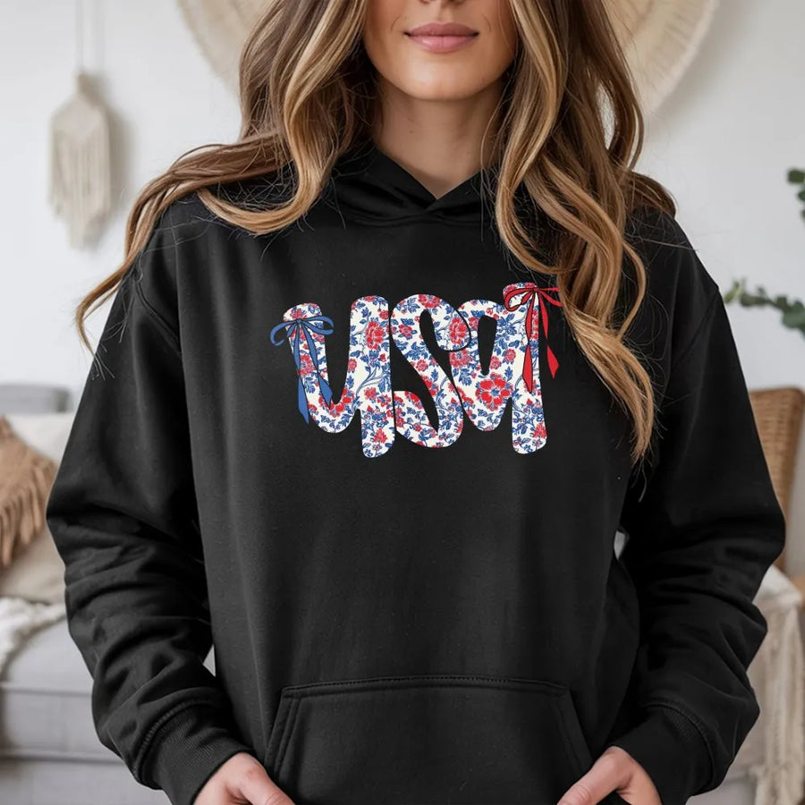 USA Floral Coquette Hoodie | Patriotic Bow Aesthetic Print | Soft Cotton-Blend Pullover | 4th of July Gift for Her