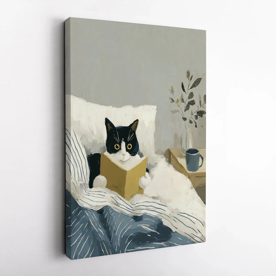 Tuxedo Cat Reading Book Canvas | Cozy Bedroom Wall Art | Premium 1.25 Inch Gallery Wrap | Cute Animal Gift For Cat Lovers
