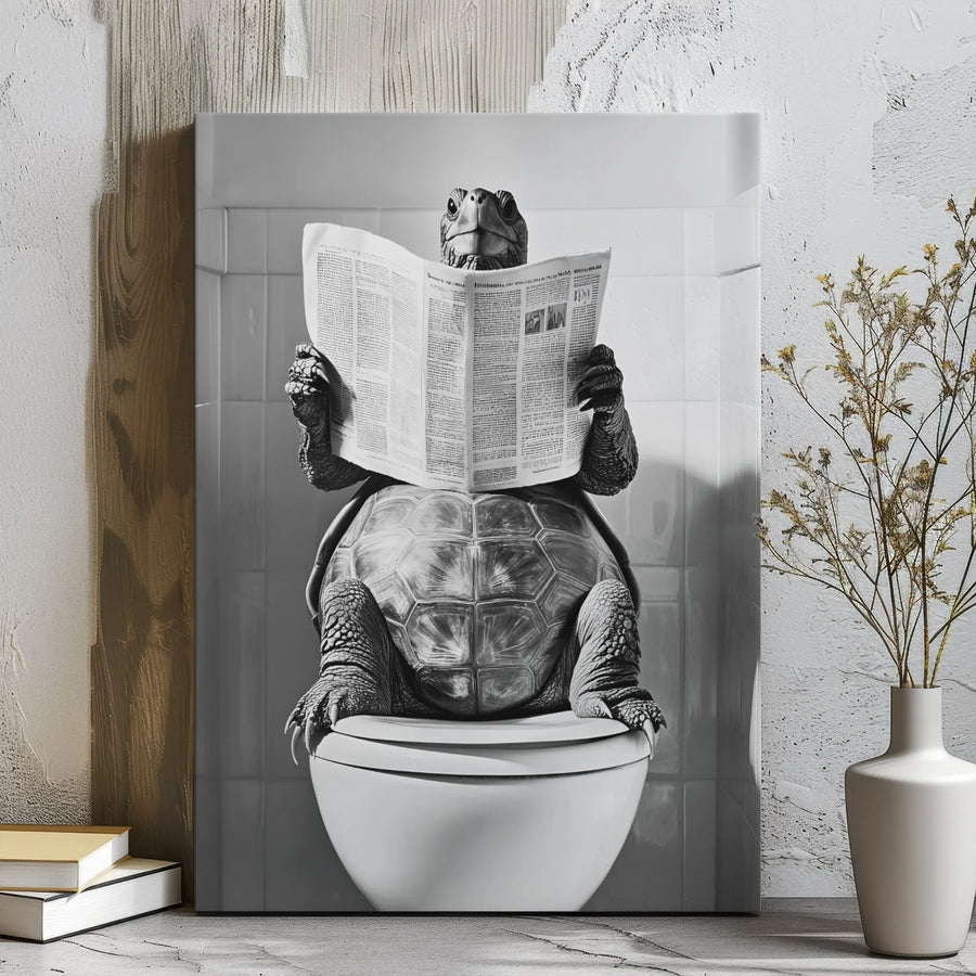 Turtle on Toilet Wall Art | Funny Bathroom Decor Reading Newspaper | Premium Gallery Wrapped Canvas | Whimsical Animal Home Gift