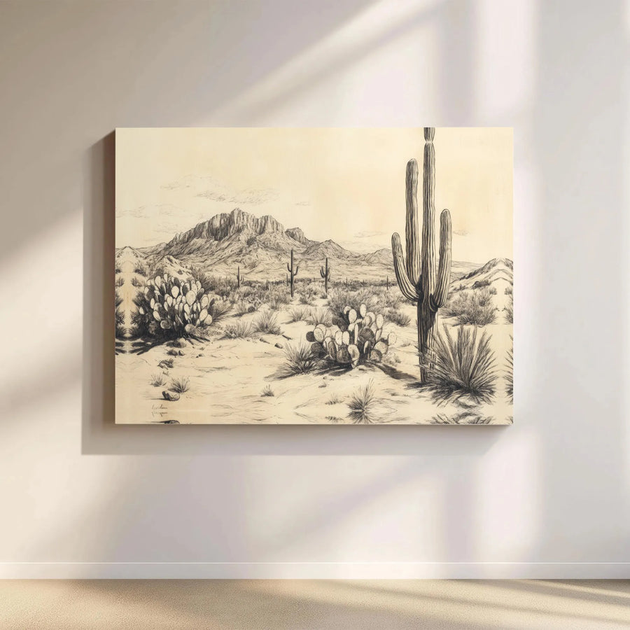 Desert Landscape Canvas Wall Art | Vintage Saguaro Cactus Sketch Print | 1.25" Gallery Wrap Premium Canvas | Southwest Home Decor Gift