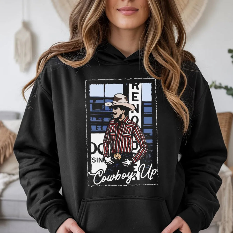 Cowboy Up Western Hoodie | Rodeo Ranch Style Graphic | Premium Cotton-Poly Blend | Country Apparel Gift for Men and Women