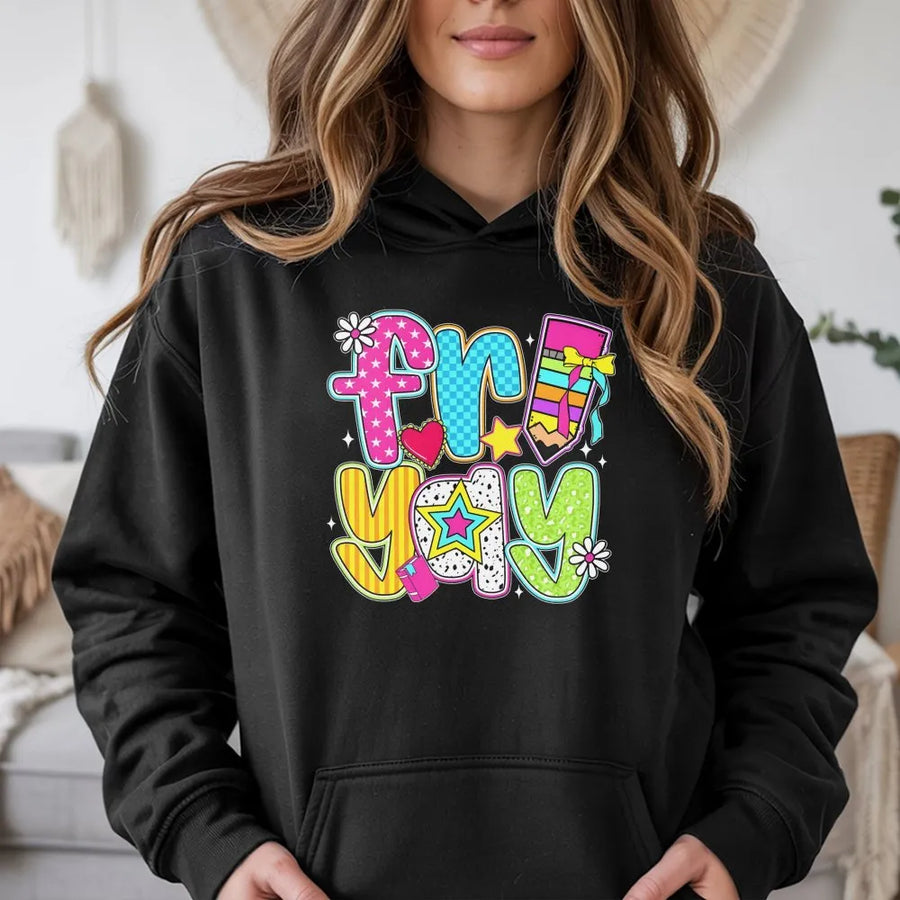 Friyay Hoodie | Colorful Retro Teacher School Graphic | Premium Cotton Blend | Gift for Teachers Elementary Kindergarten Staff
