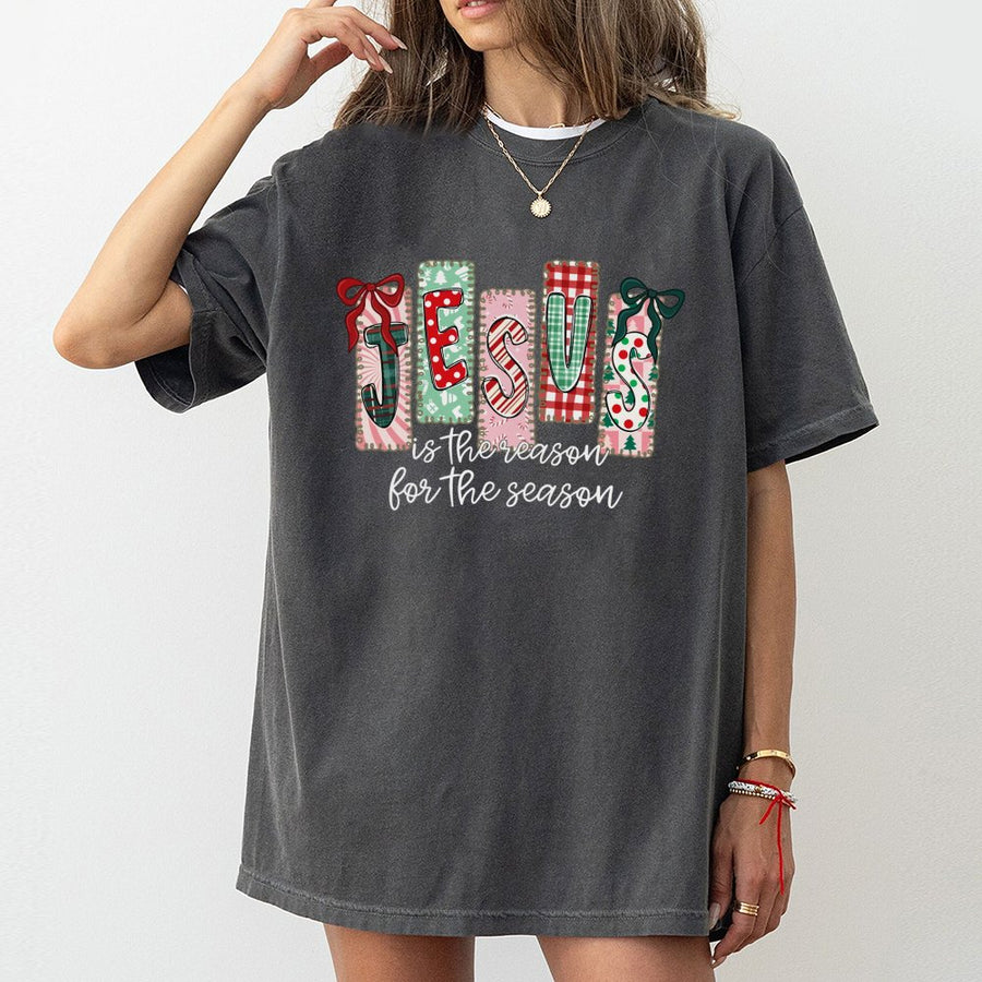 Jesus Is The Reason For The Season T-Shirt | Plaid Christmas Graphic Tee | 100% Cotton Premium Holiday Faith Apparel | Religious Gift For Christian Women