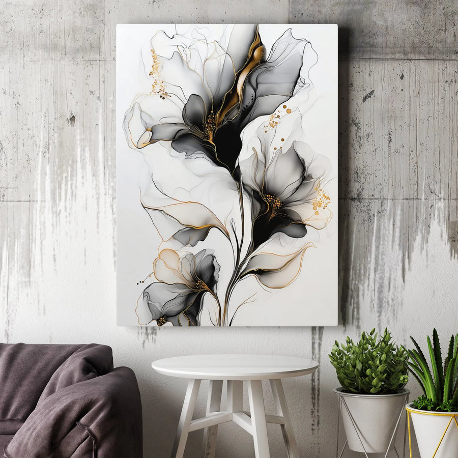 Abstract Black and Gold Flower Canvas Wall Art | Modern Alcohol Ink Botanical Print | Gallery Quality Premium Decor | Elegant Home and Office Gift