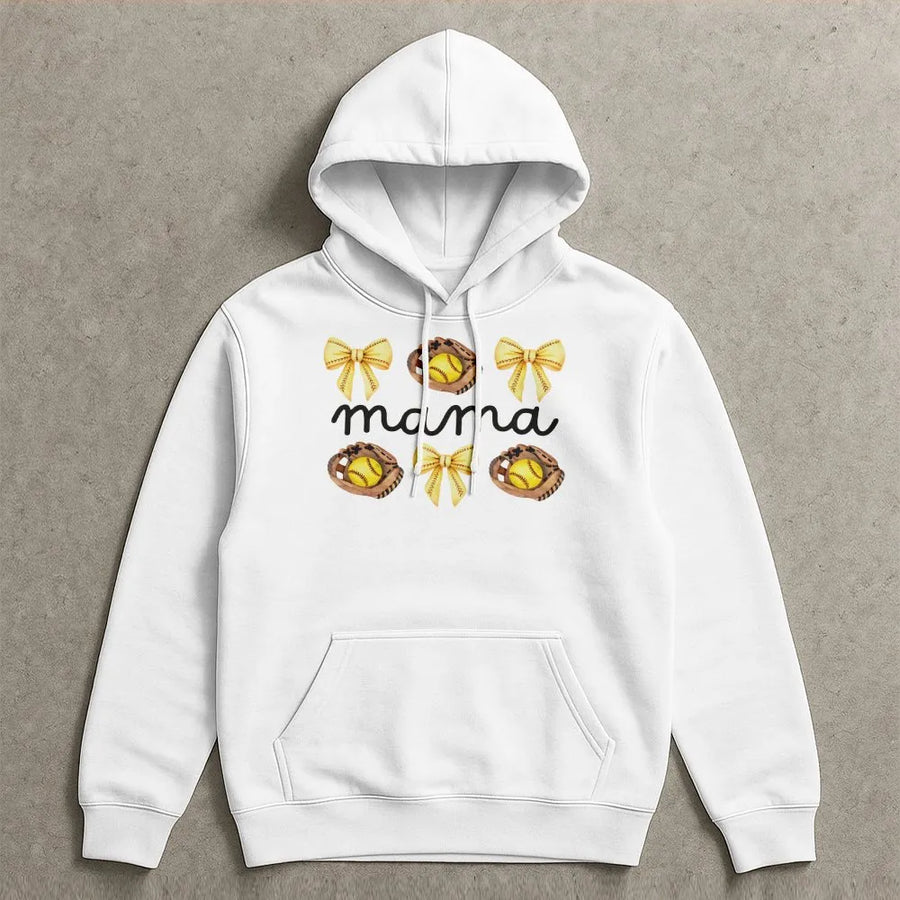 Softball Mama Hoodie | Coquette Bow and Glove Print | Cotton-Polyester Premium Blend | Cute Game Day Gift for Baseball and Softball Mom