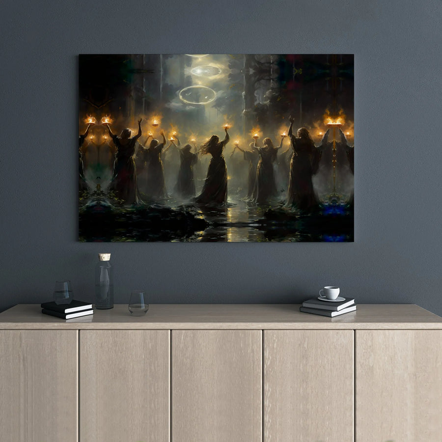Mystical Ritual Canvas Wall Art | Dark Fantasy Robed Figures Decor | Premium Gallery Wrap Print | Gothic Home Decor for Witchy Aesthetic
