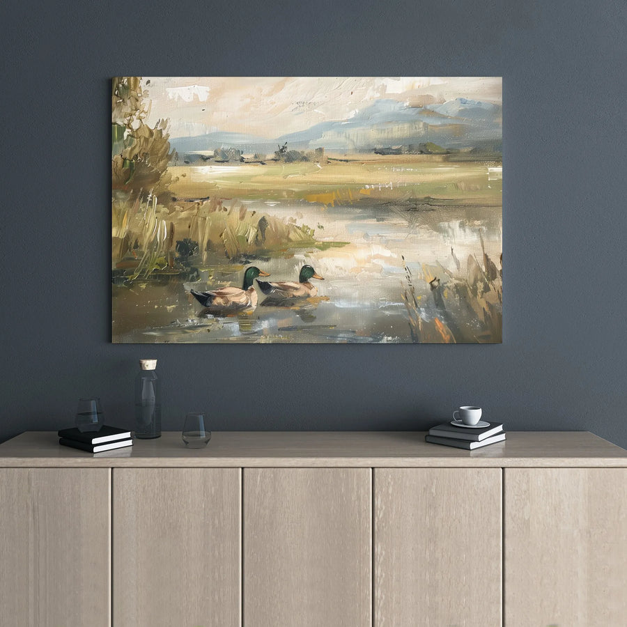 Mallard Duck Canvas Print | Impressionist Pond Landscape Wall Art | Gallery Wrapped Premium Canvas | Nature Decor Gift for Bird Lovers