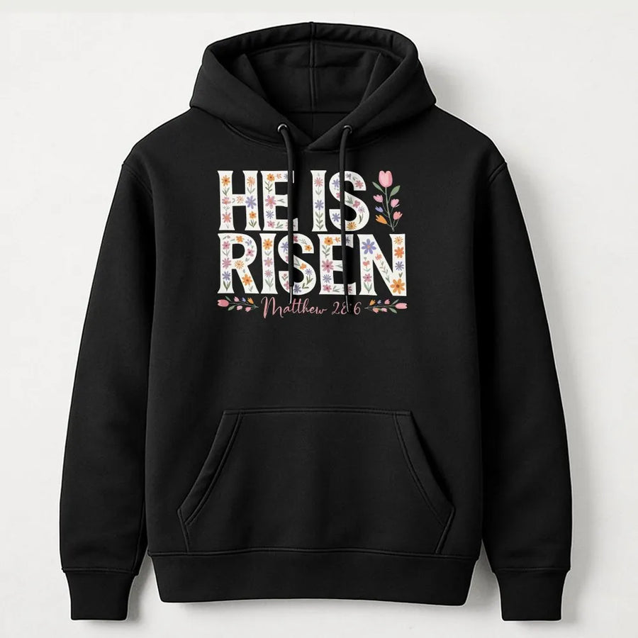 He Is Risen Floral Hoodie | Religious Easter Scripture Design | Premium Cotton-Poly Blend | Christian Gift For Men And Women