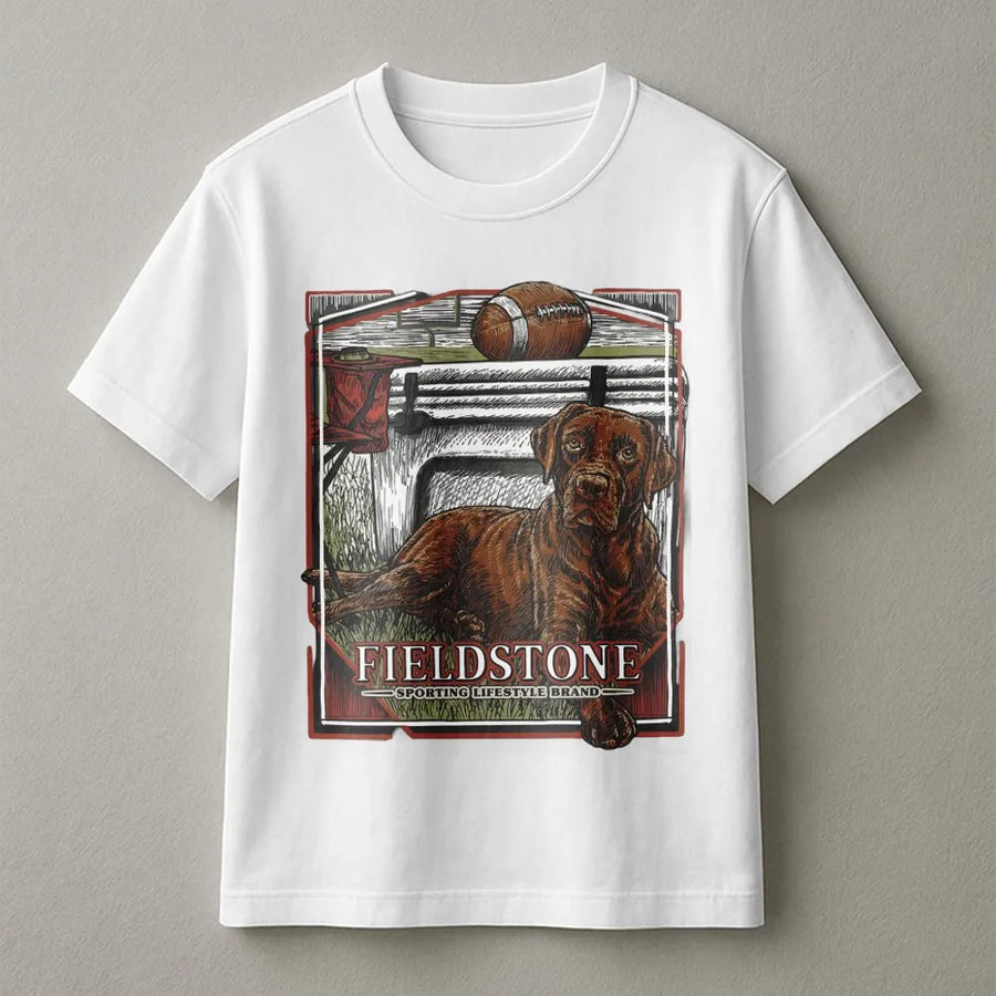 Chocolate Lab T-Shirt | Tailgate Football Dog Graphic Print | Premium 100% Cotton | Outdoor Lifestyle Gift For Dog Lovers And Sports Fans