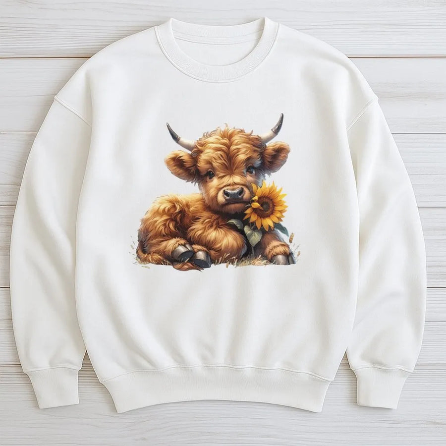 Highland Cow Sweatshirt | Cute Baby Cow Sunflower Design | Premium Cotton Blend | Farmhouse Western Aesthetic Gift for Animal Lovers