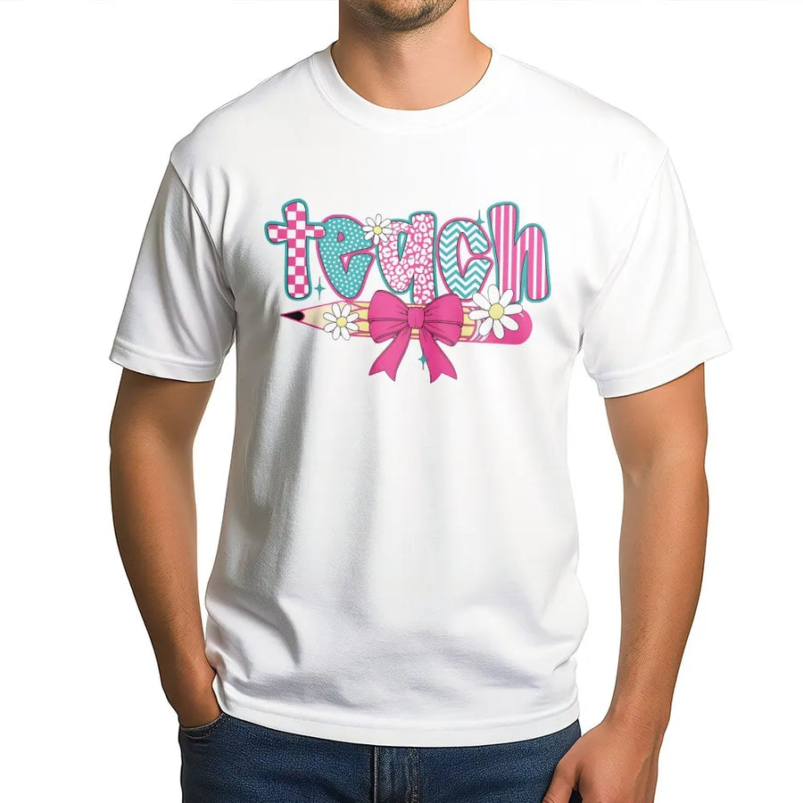 Coquette Teacher T-Shirt | Retro Floral Pencil & Teach Graphic | Soft Cotton Tee | Teacher Appreciation Gift for Her
