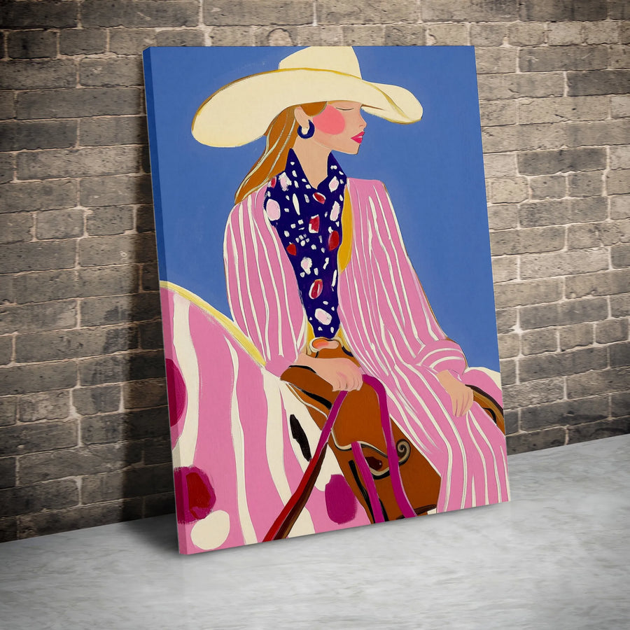 Pop Art Cowgirl Vertical Canvas | Modern Western Fashion Illustration | Premium 1.25" Thick Gallery Wrap | Wall Art Gift for Home Decor