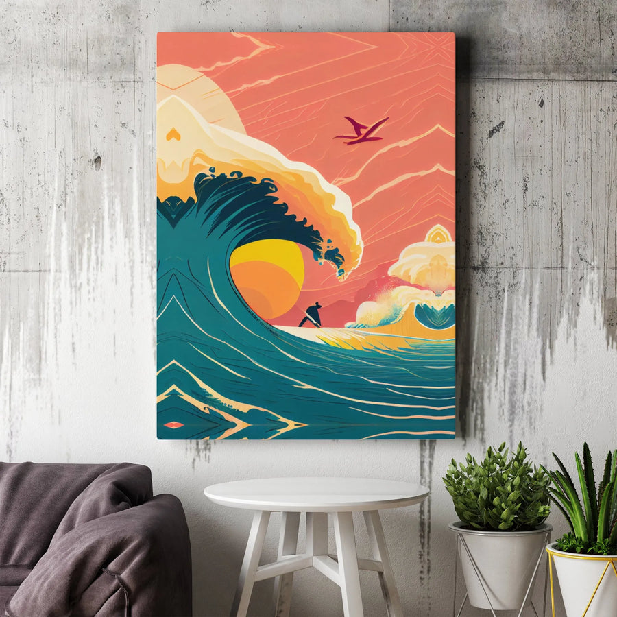 Surfer Great Wave Canvas Wall Art | Japanese Inspired Sunset Landscape | Premium Fade-Resistant Print | Coastal Home Decor Gift