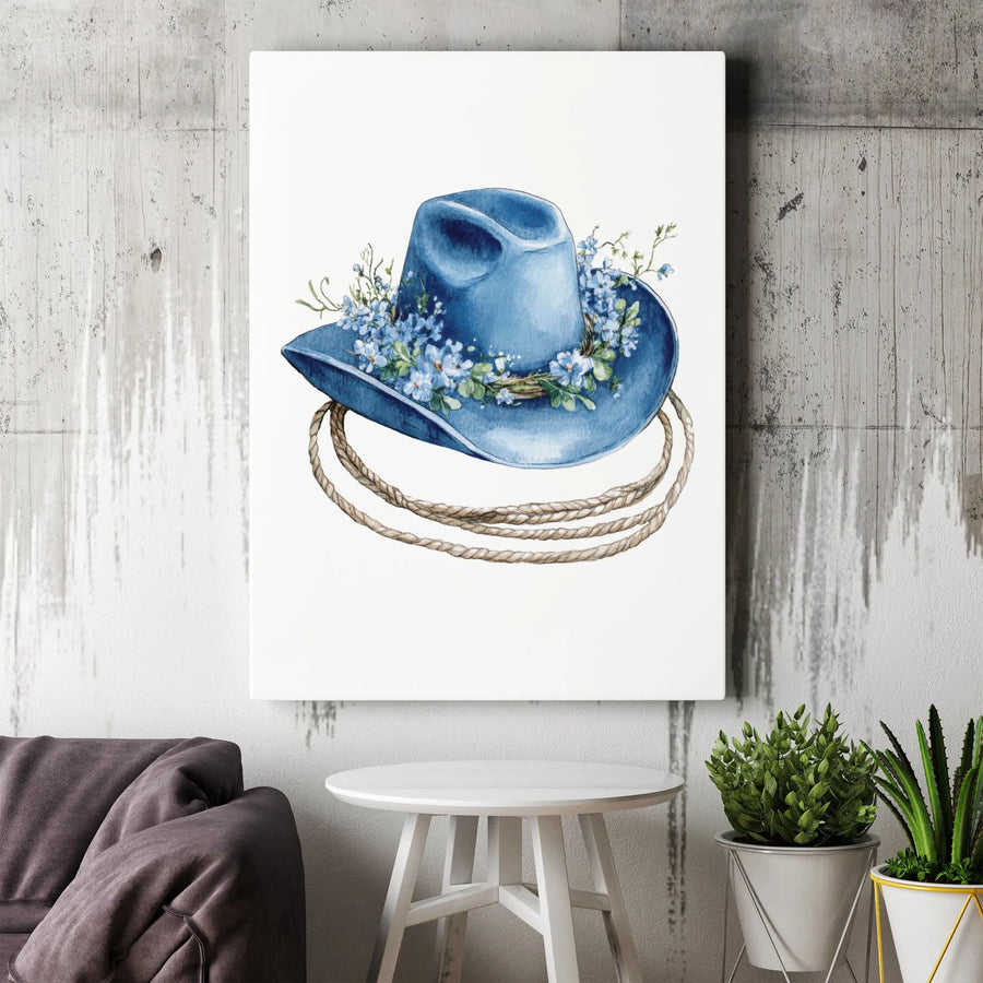 Western Cowboy Hat Canvas Print | Floral Blue Boho Cowgirl Art | Premium Fade-Resistant Gallery Wall Decor | Country Chic Home Gift