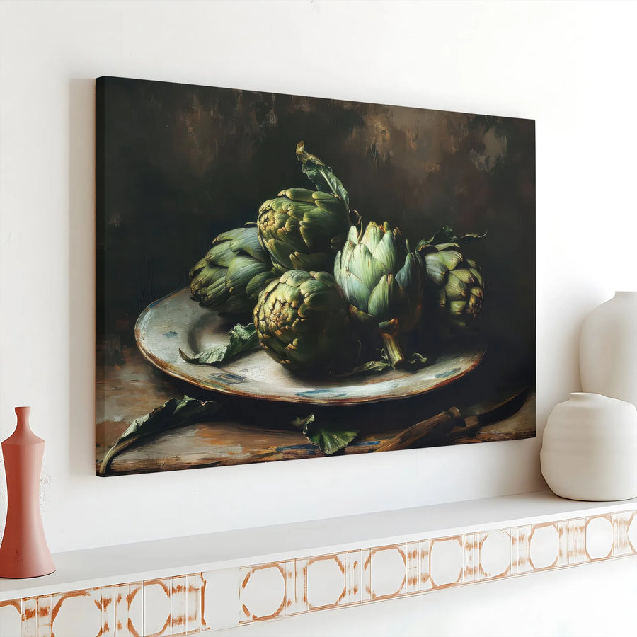 Vintage Artichoke Canvas Wall Art | Moody Still Life Kitchen Art | Premium Gallery Canvas Print | Rustic Farmhouse Decor Gift