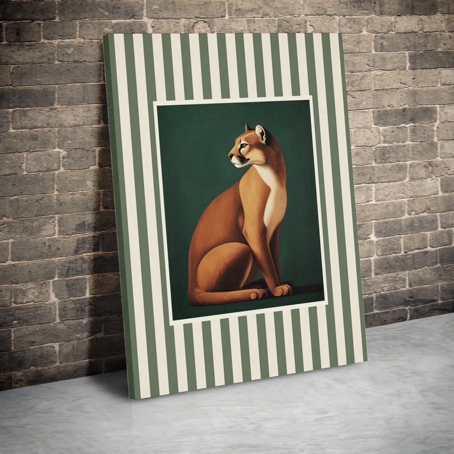 Cougar Portrait Canvas Wall Art | Art Deco Geometric Striped Print | Premium Gallery Wrap Decor | Wildlife Animal Home Decor Gift