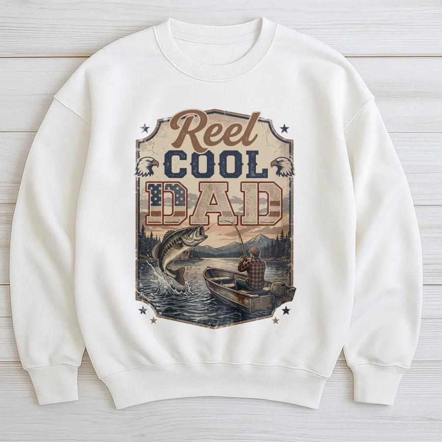 Reel Cool Dad Fishing Sweatshirt | Vintage American Flag Bass Graphic | Premium Cotton Blend | Father's Day Gift for Fisherman Dad