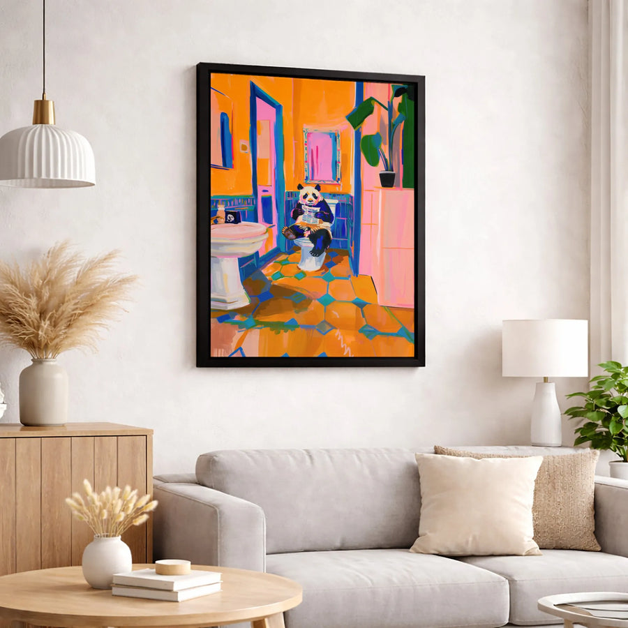 Panda Reading Newspaper on Toilet Canvas Art | Colorful Bathroom Wall Decor | Gallery Quality 1.25" Profile | Funny Animal Gift for Bathroom