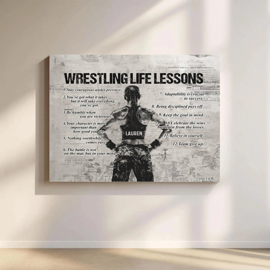 Wrestling Life Lessons Canvas Print | Female Wrestler Motivational Quote Art | Premium Gallery Wrapped Canvas | Inspirational Gift for Wrestlers & Coaches