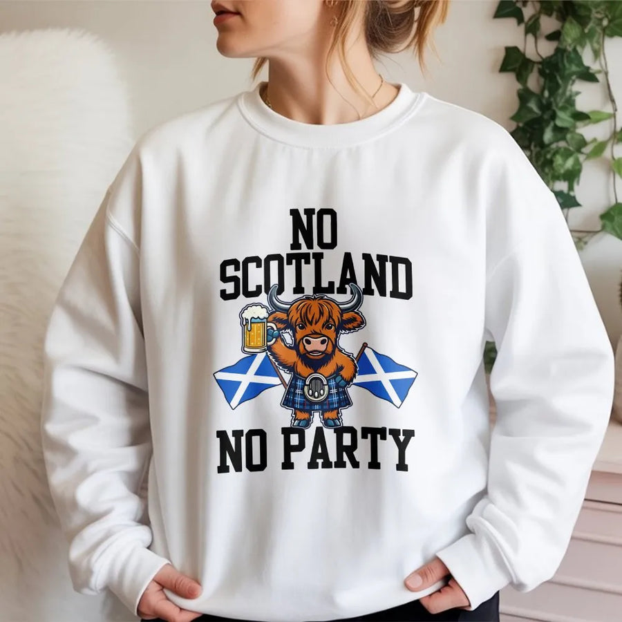 No Scotland No Party Sweatshirt | Funny Highland Cow Graphic Pullover | Premium Cotton Blend | Gift for Scottish Supporter